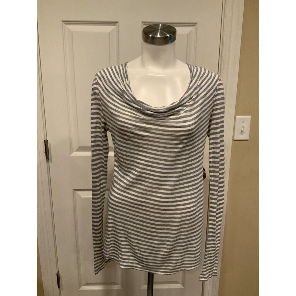 BCBGMaxAzria Gray White Striped Thin Soft Long Sleeve T-Shirt Size Medium